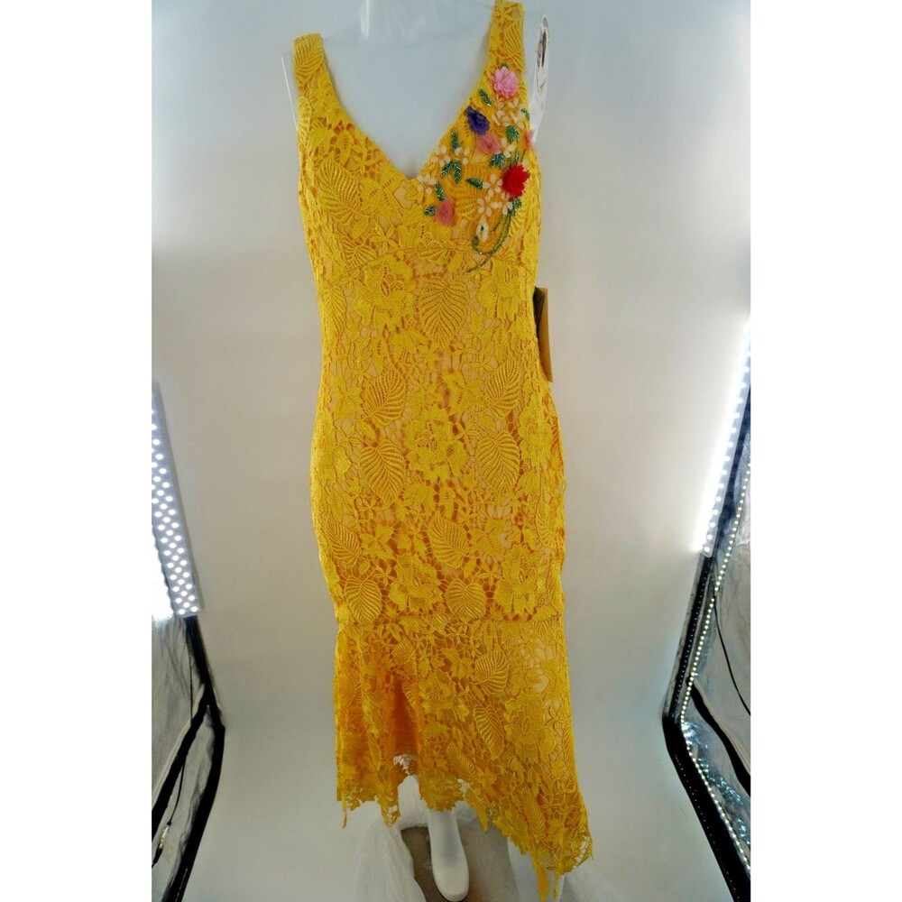 Theia Couture Yellow 3D Floral Beaded Overlay Embellished Evening Lace Gown Sz 8